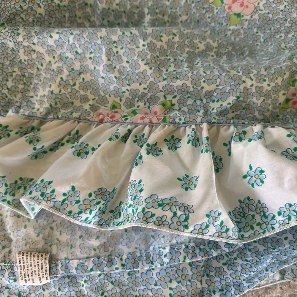 Vintage blue pink floral FULL size bed sheet set